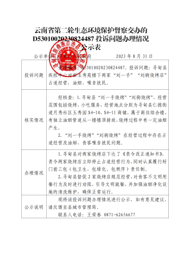 D<span style='background-color:;'>53010020230824487</span>交办投诉问题办理情况公示表（玉秀苑烧烤店）_00