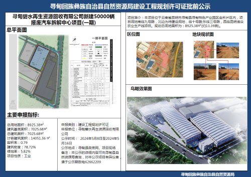 寻甸碧水再生资源回收有限公司新建50000辆报废汽车拆解中心项目(一期)建设工程规划许可证批前公示