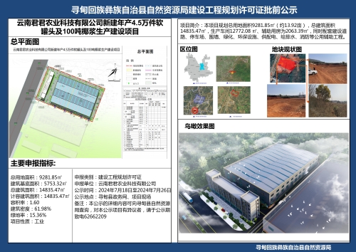云南君君农业科技有限公司新建年产4.5万件软罐头及100吨椰浆生产建设项目建设工程规划许可证批前公示