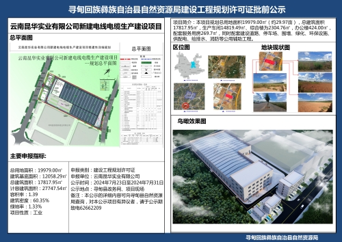云南昆华实业有限公司新建电线电缆生产建设项目建设工程规划许可证批前公示