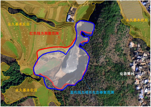 云南省寻甸县化香箐采石场废弃矿坑生态修复项目位置及范围示意图