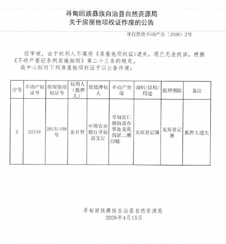 房屋他项权证作废公告（金有智）